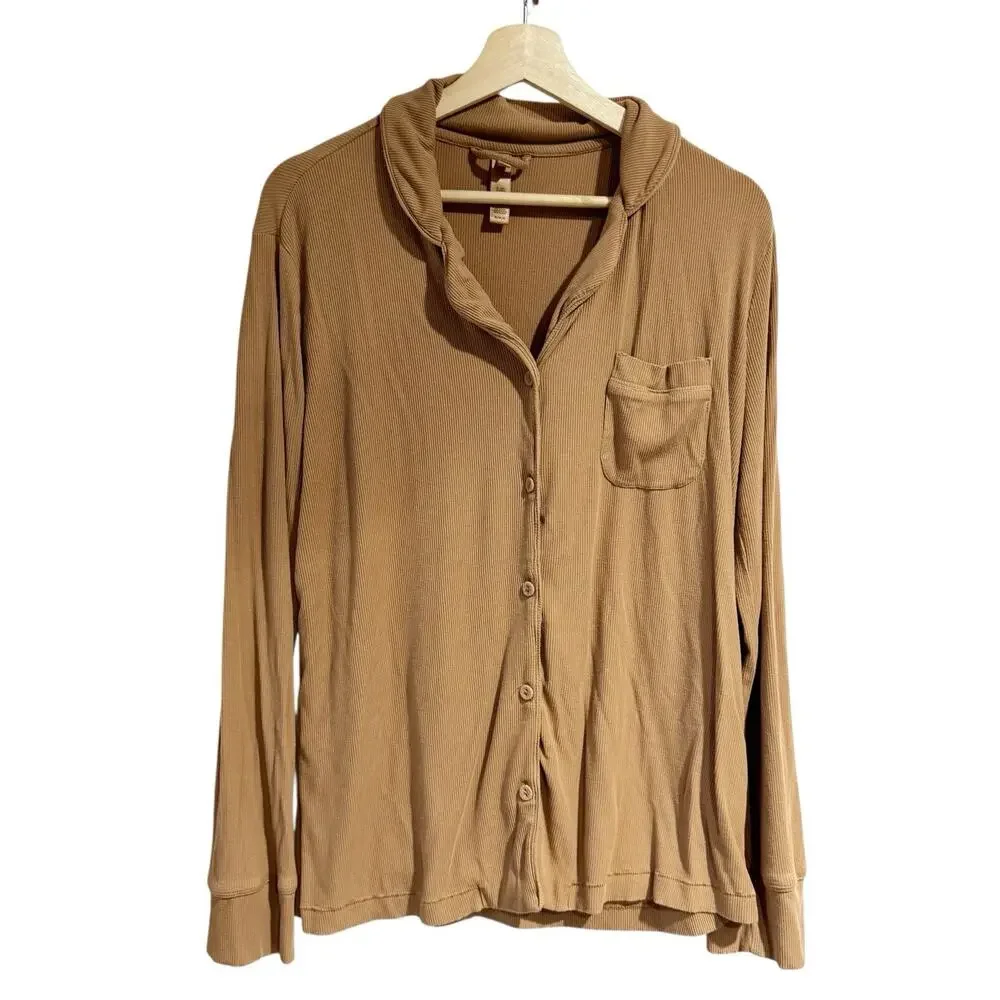 Skims Camel Ribbed Pajama Top Size Medium Long Sleeve Button Down